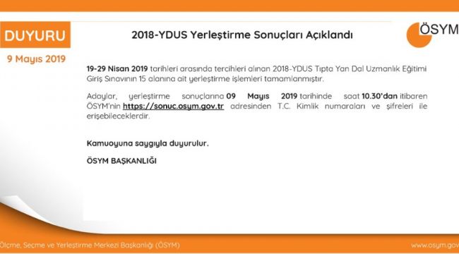 2018-YDUS yerleştirme sonuçları açıklandı