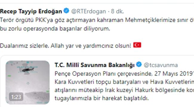 Cumhurbaşkanı Erdoğan'dan "Pençe" operasyonu mesajı
