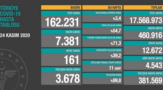 Son 24 saatte 7 bin 381 koronavirüs hastası tespit edildi, 161 kişi yaşamını yitirdi